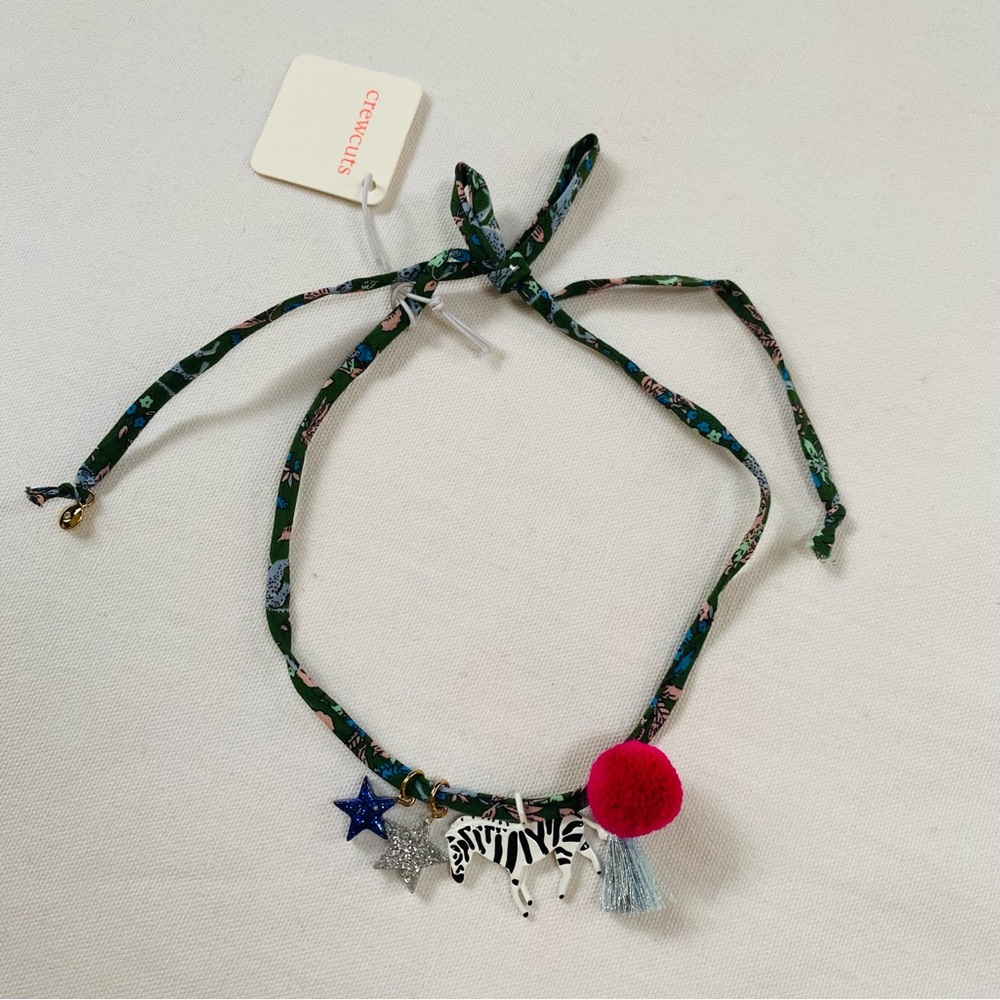 Crewcuts J.Crew Girls Fabric Zebra Star Pompom Necklace Green Pink NWT